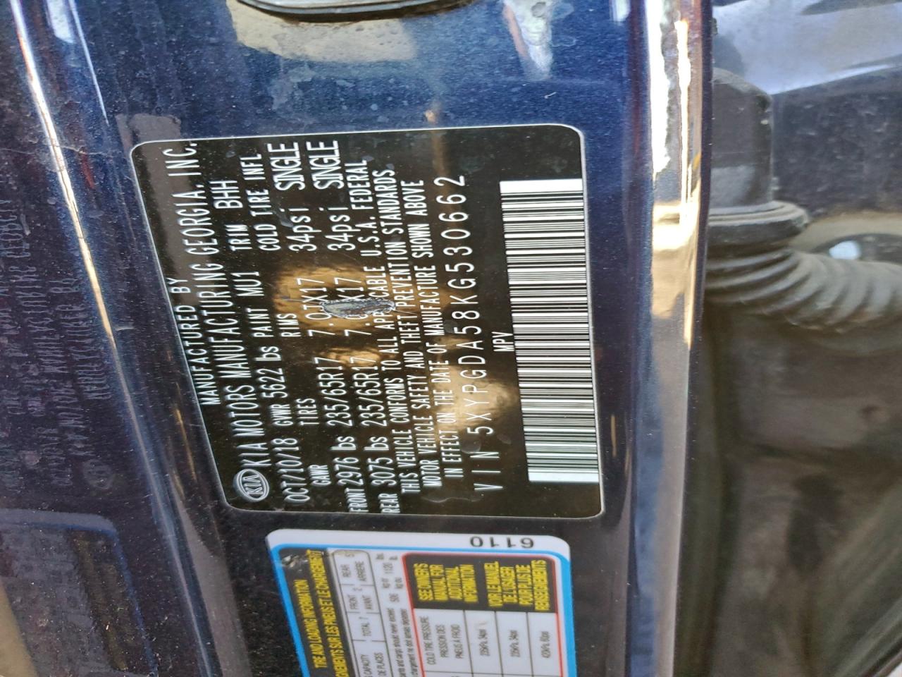 2019 Kia Sorento Lx VIN: 5XYPGDA58KG530662 Lot: 94803875