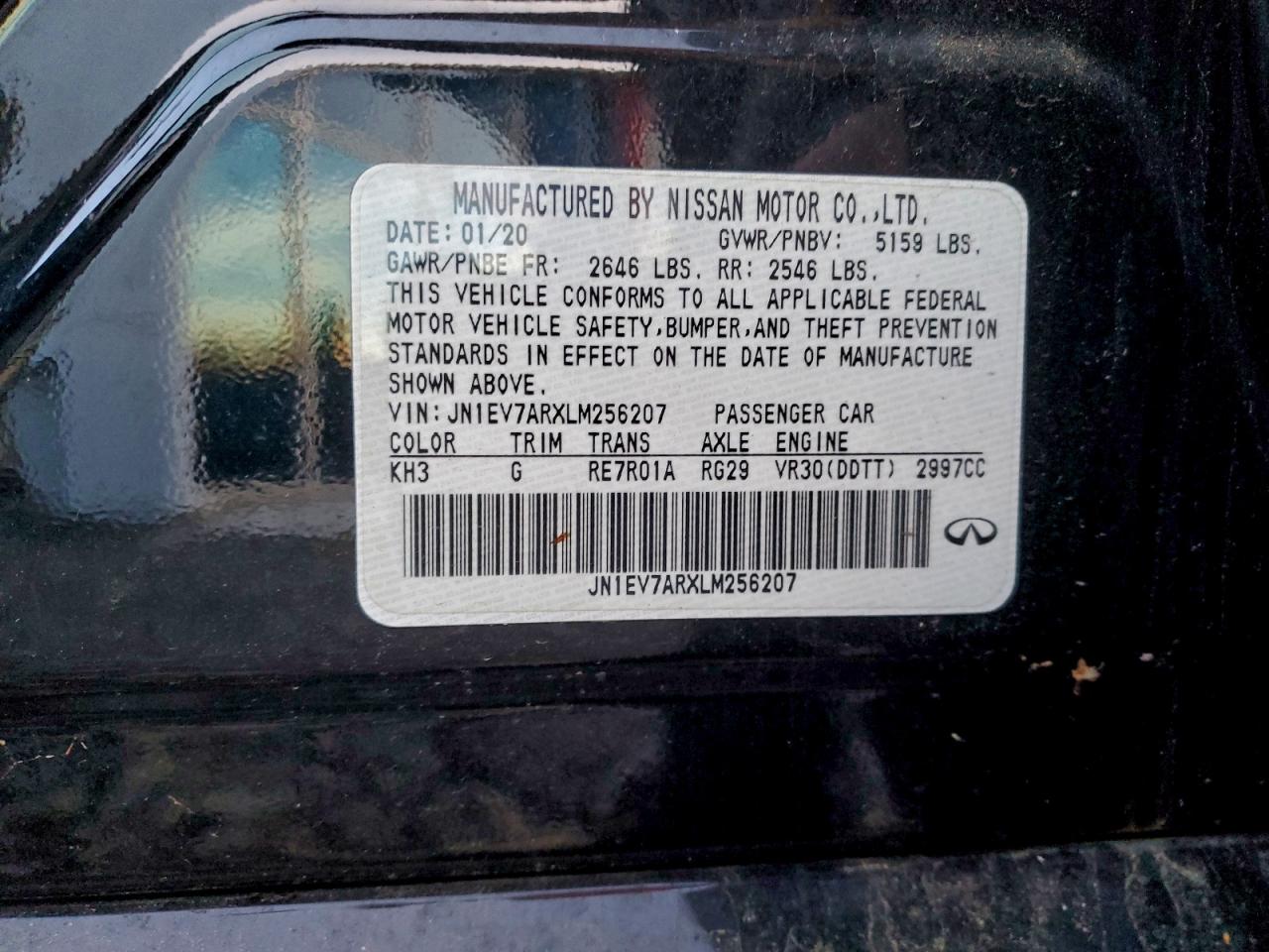 2020 Infiniti Q50 Pure VIN: JN1EV7ARXLM256207 Lot: 94937535