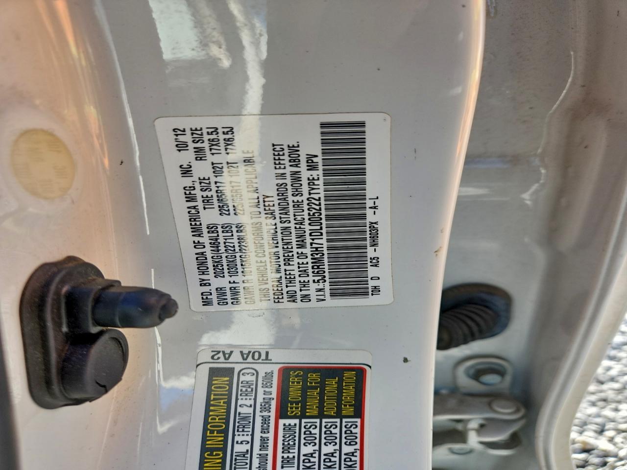 2013 Honda Cr-V Exl VIN: 5J6RM3H71DL005222 Lot: 95266095