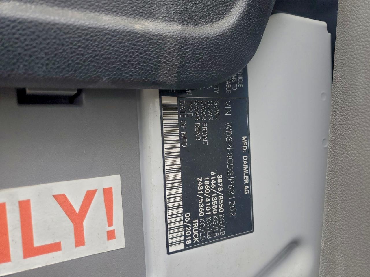 2018 Mercedes-Benz Sprinter 2500 VIN: WD3PE8CD3JP621202 Lot: 95878715