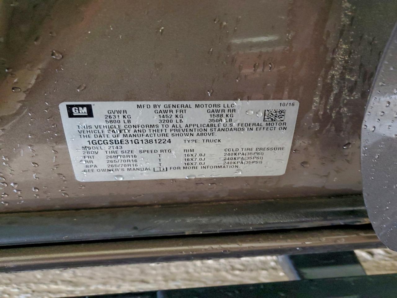 2016 Chevrolet Colorado VIN: 1GCGSBE31G1381224 Lot: 94803115