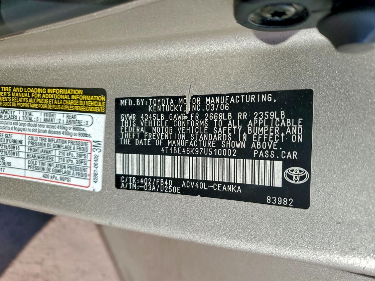 2007 Toyota Camry Ce VIN: 4T1BE46K97U510002 Lot: 96200015