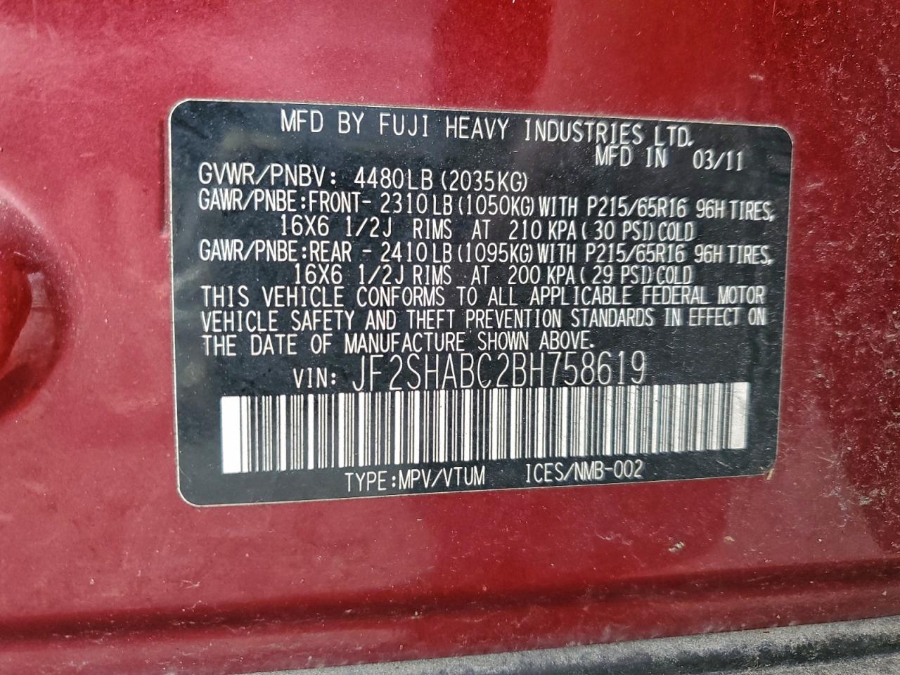 2011 Subaru Forester 2.5X VIN: JF2SHABC2BH758619 Lot: 95509105