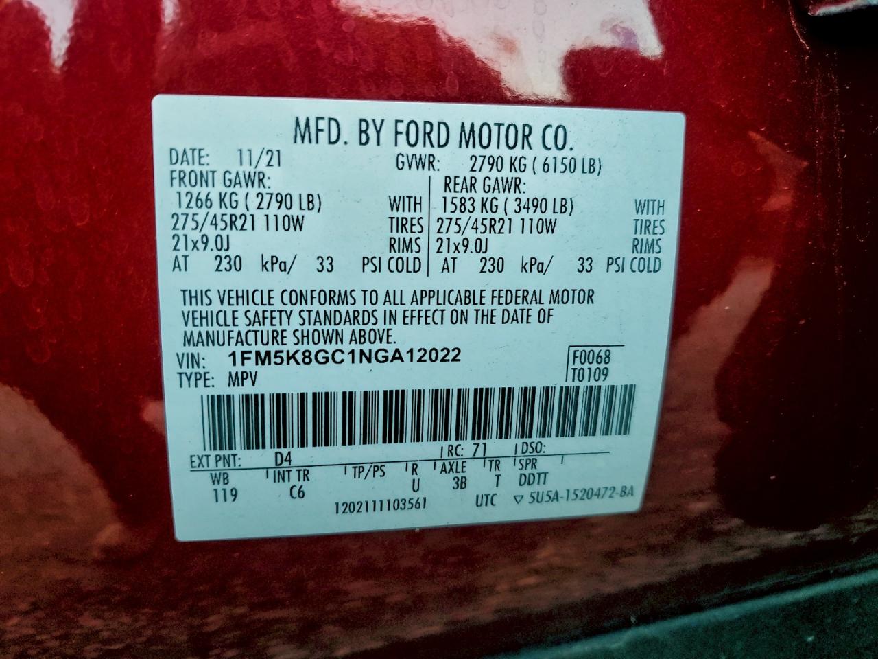 2022 Ford Explorer St VIN: 1FM5K8GC1NGA12022 Lot: 95521315