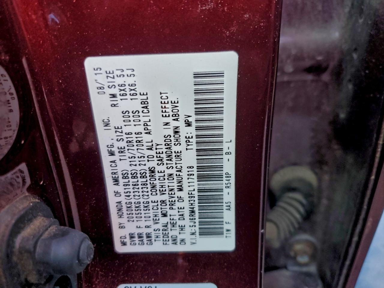 2015 Honda Cr-V Lx VIN: 5J6RM4H39FL117918 Lot: 96138645