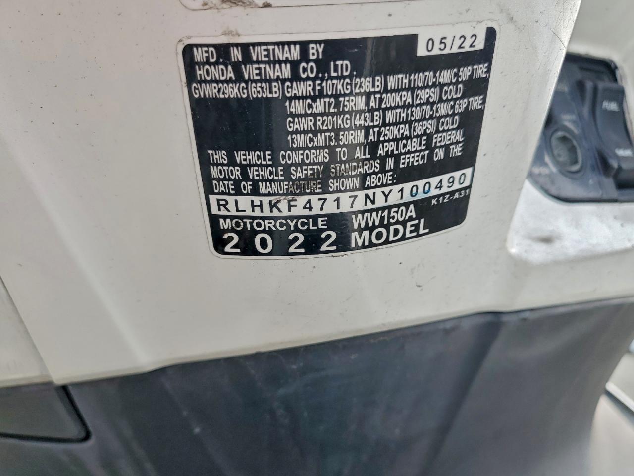 2022 Honda Ww150 A VIN: RLHKF4717NY100490 Lot: 94929125