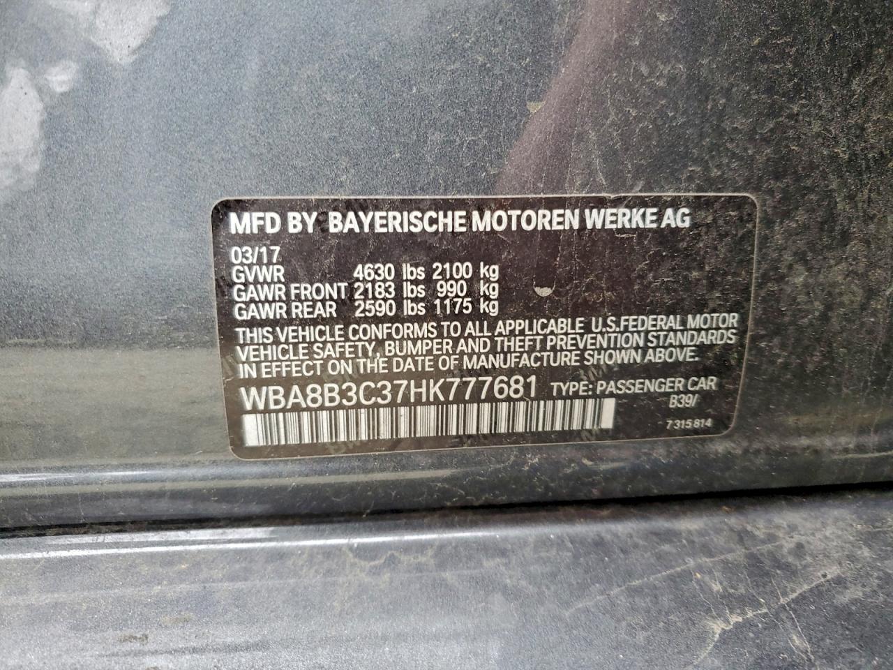 2017 BMW 340 I VIN: WBA8B3C37HK777681 Lot: 95975005