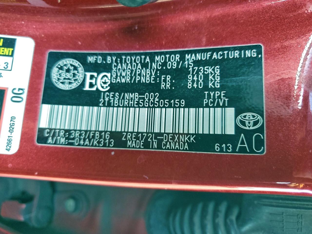 2016 Toyota Corolla L VIN: 2T1BURHE5GC505159 Lot: 95073845