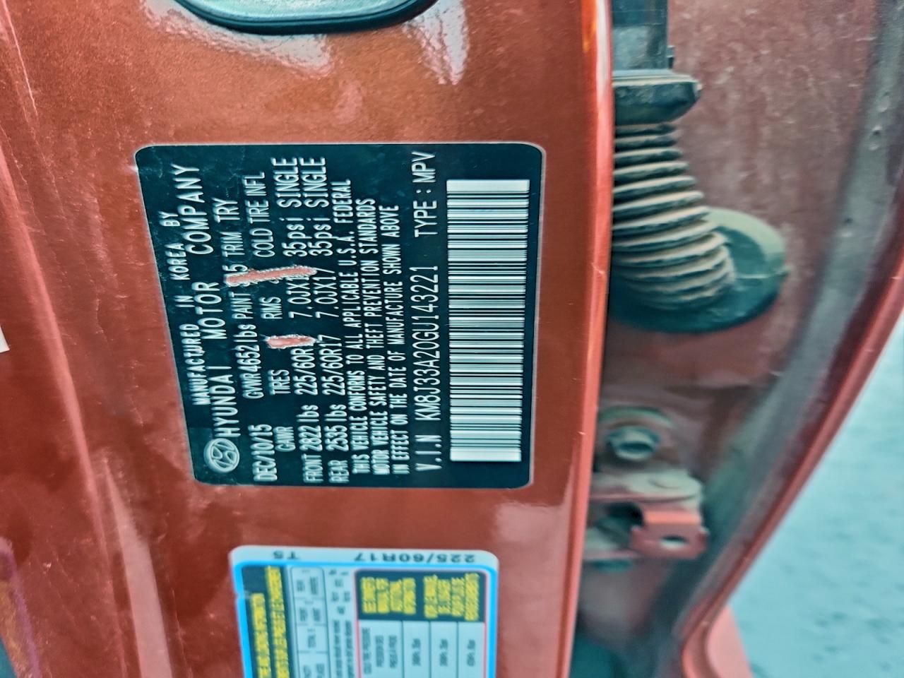 2016 Hyundai Tucson Limited VIN: KM8J33A20GU143221 Lot: 94375665