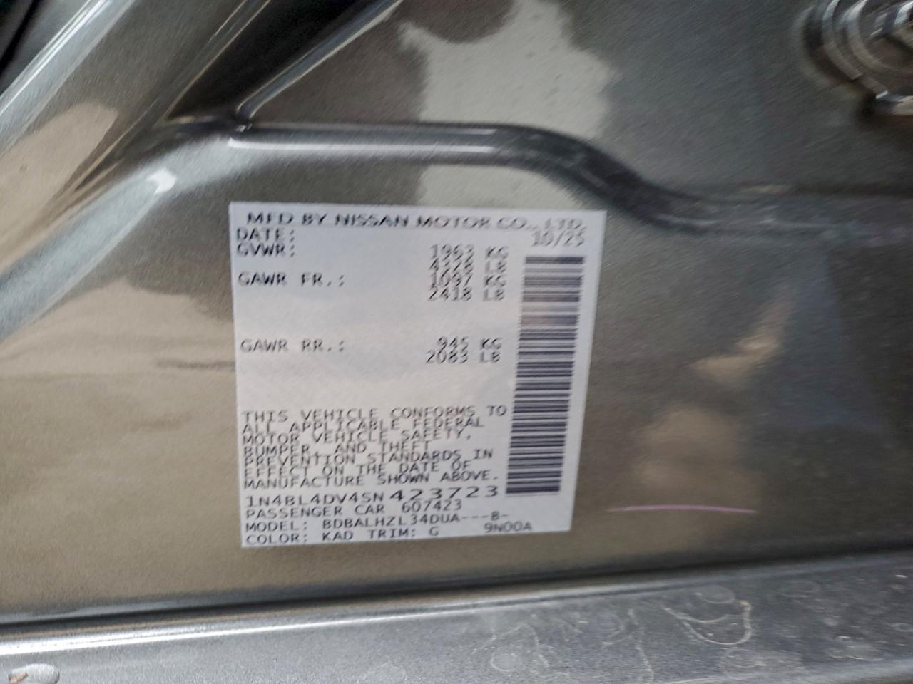 2025 Nissan Altima Sv VIN: 1N4BL4DV4SN423723 Lot: 95937785