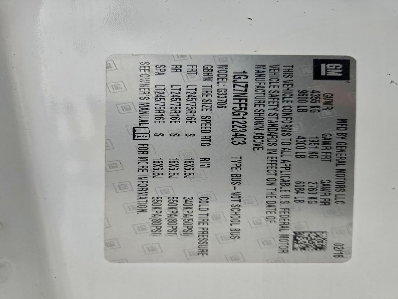 2016 GMC Savana G3500 Ls VIN: 1GJZ7NFF5G1223403 Lot: 94240315