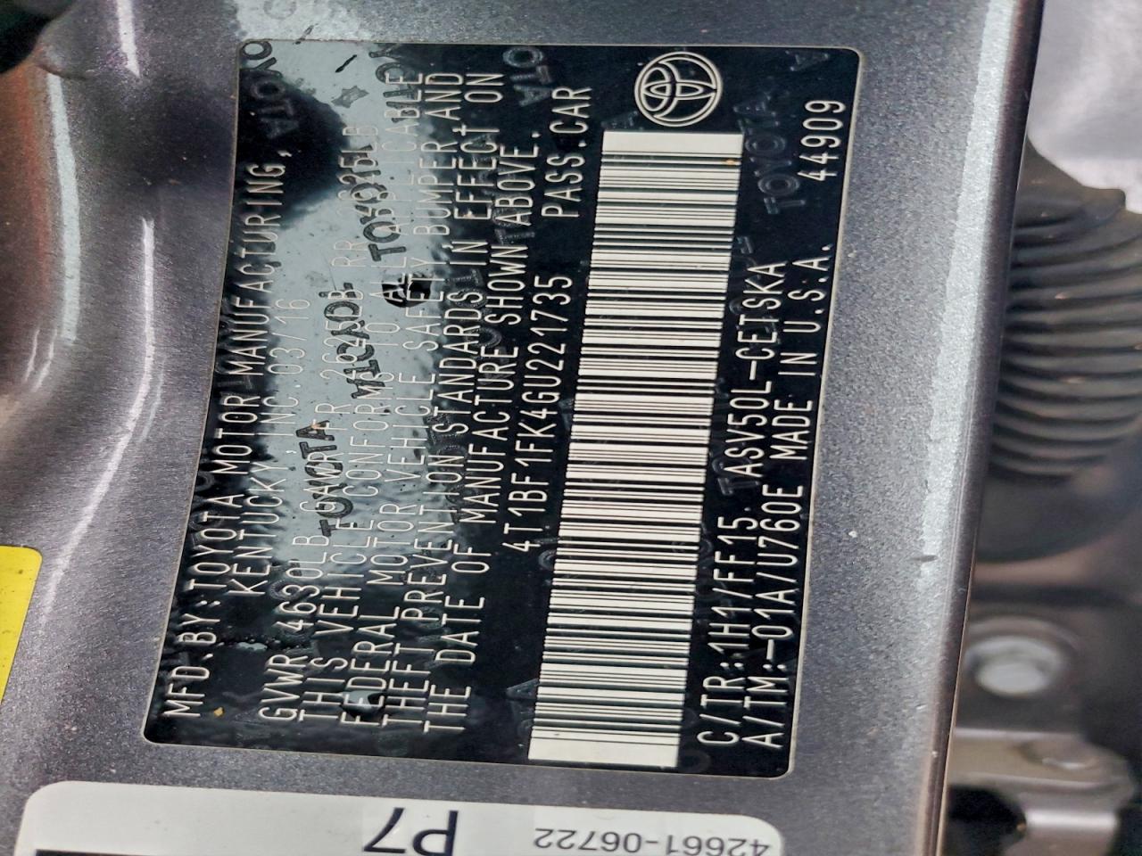 2016 Toyota Camry Le VIN: 4T1BF1FK4GU221735 Lot: 95273885