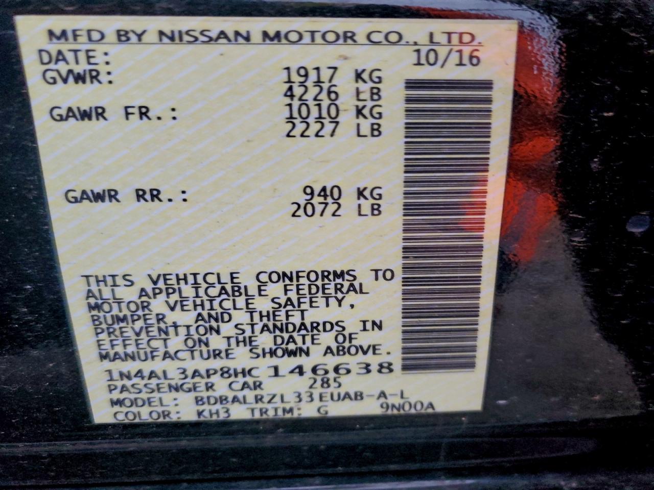 2017 Nissan Altima 2.5 VIN: 1N4AL3AP8HC146638 Lot: 94334465