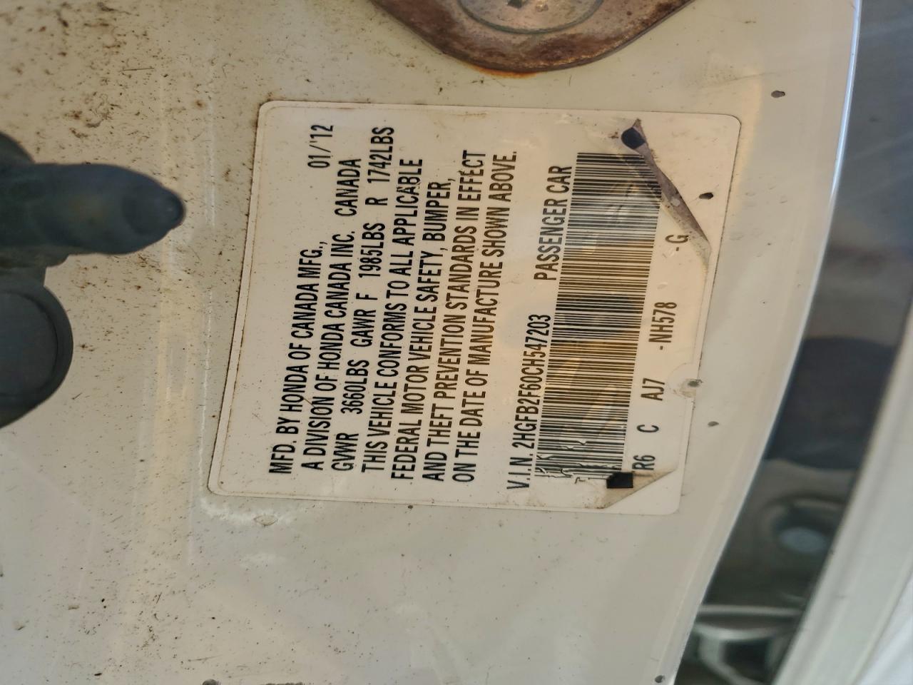 2012 Honda Civic Hf VIN: 2HGFB2F60CH547203 Lot: 96553475