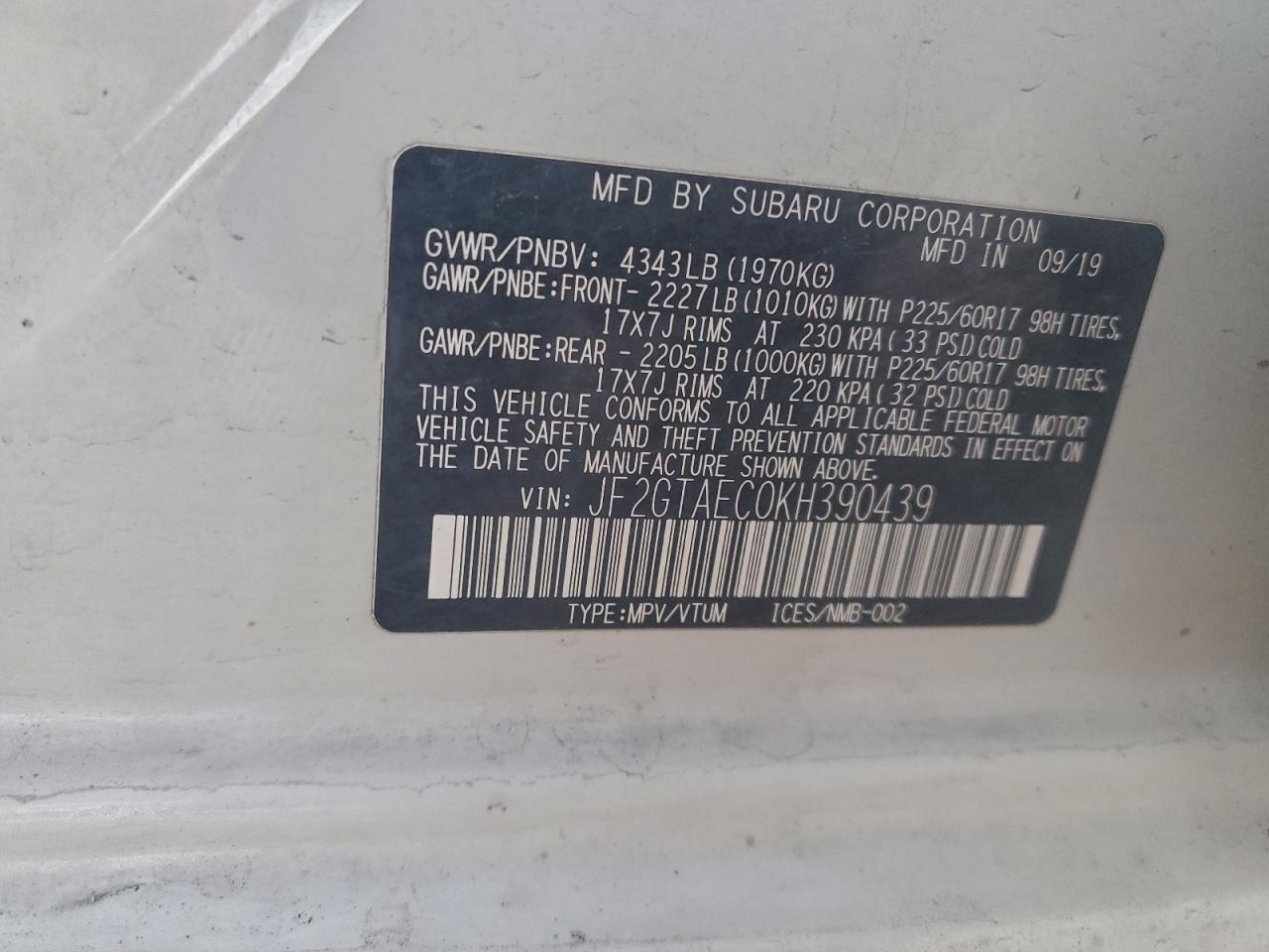 2019 Subaru Crosstrek Premium VIN: JF2GTAEC0KH390439 Lot: 95535215