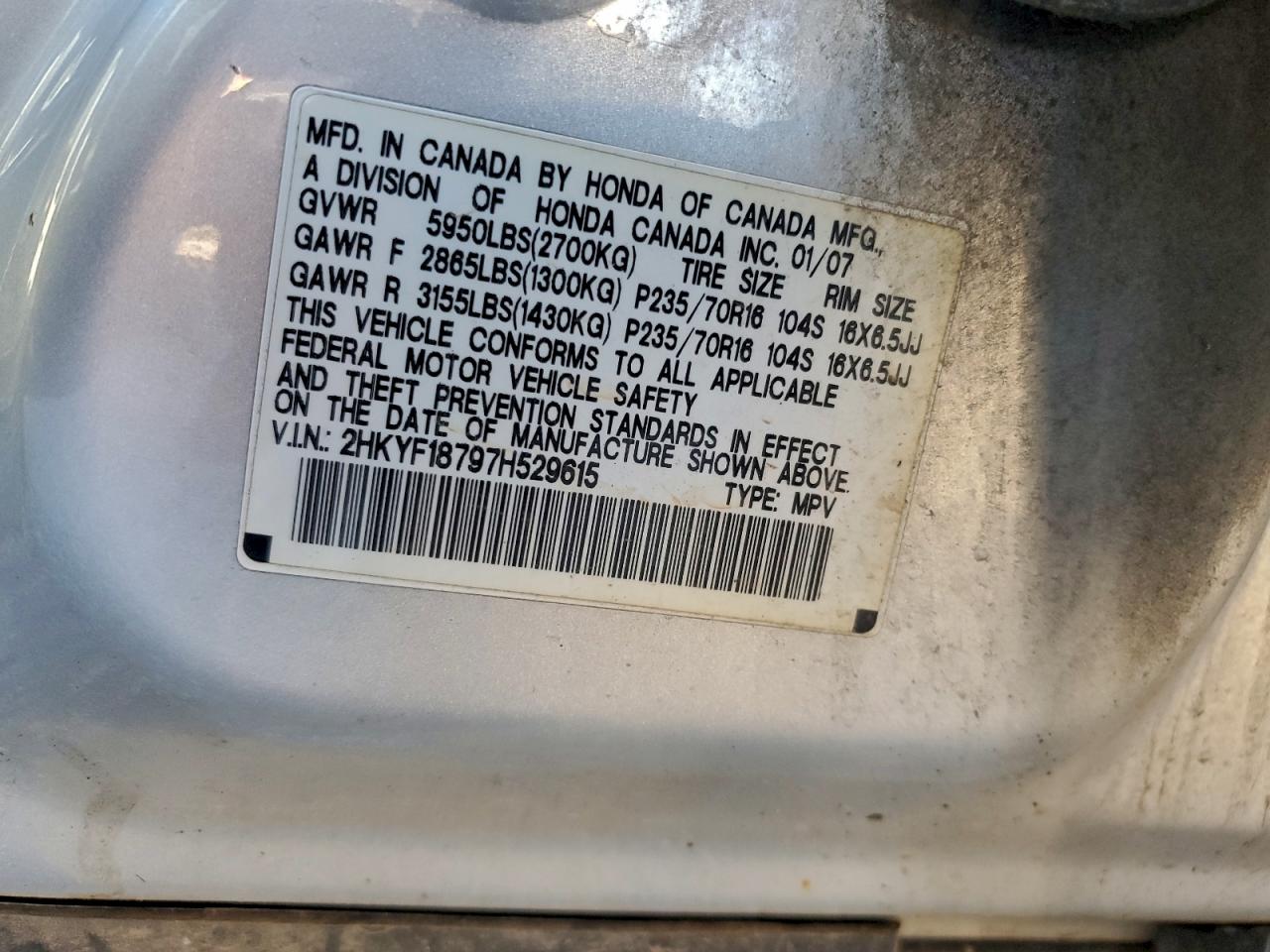2007 Honda Pilot Exl VIN: 2HKYF18797H529615 Lot: 95490505