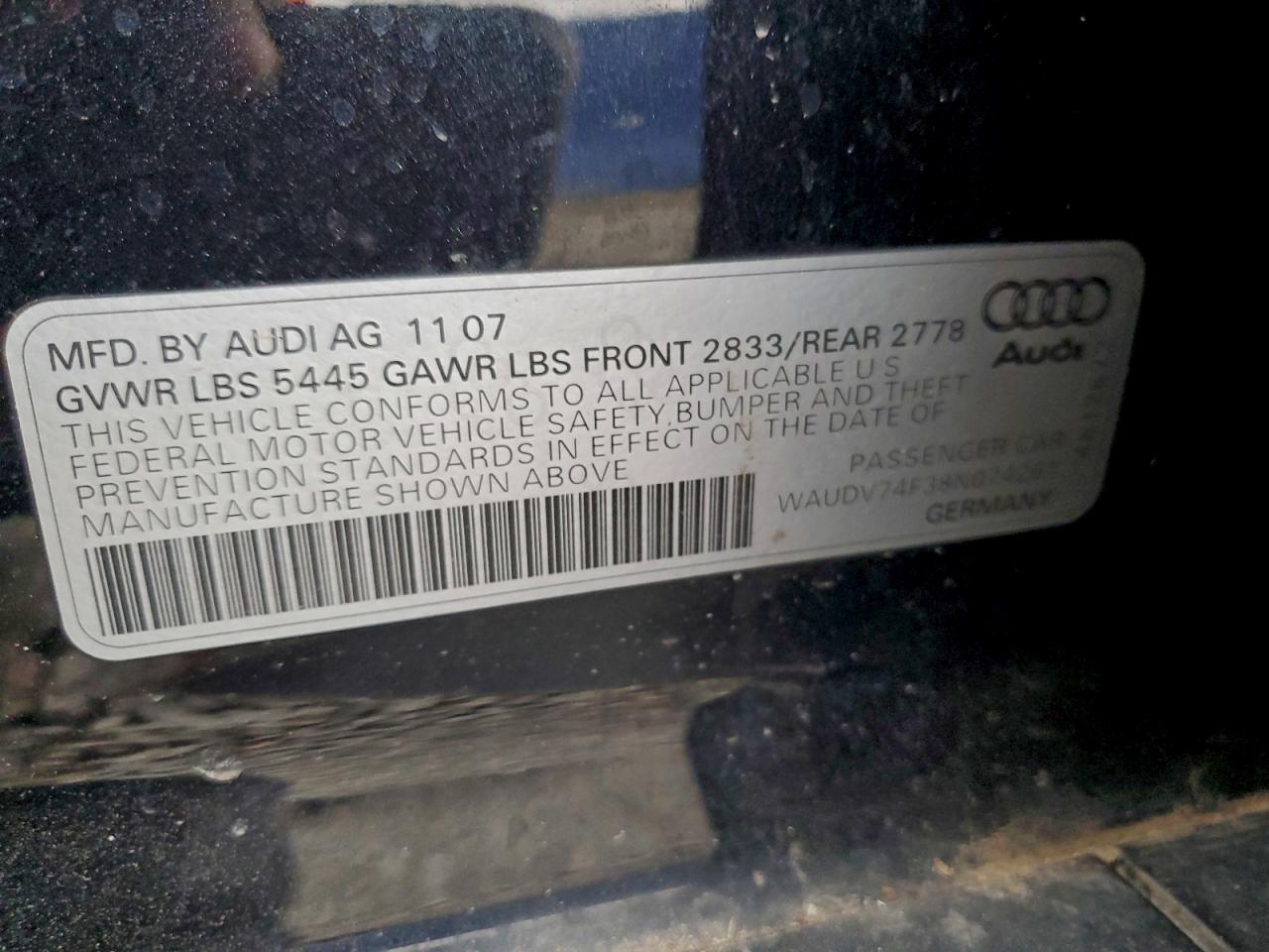 2008 Audi A6 4.2 Quattro VIN: WAUDV74F38N074261 Lot: 97152465