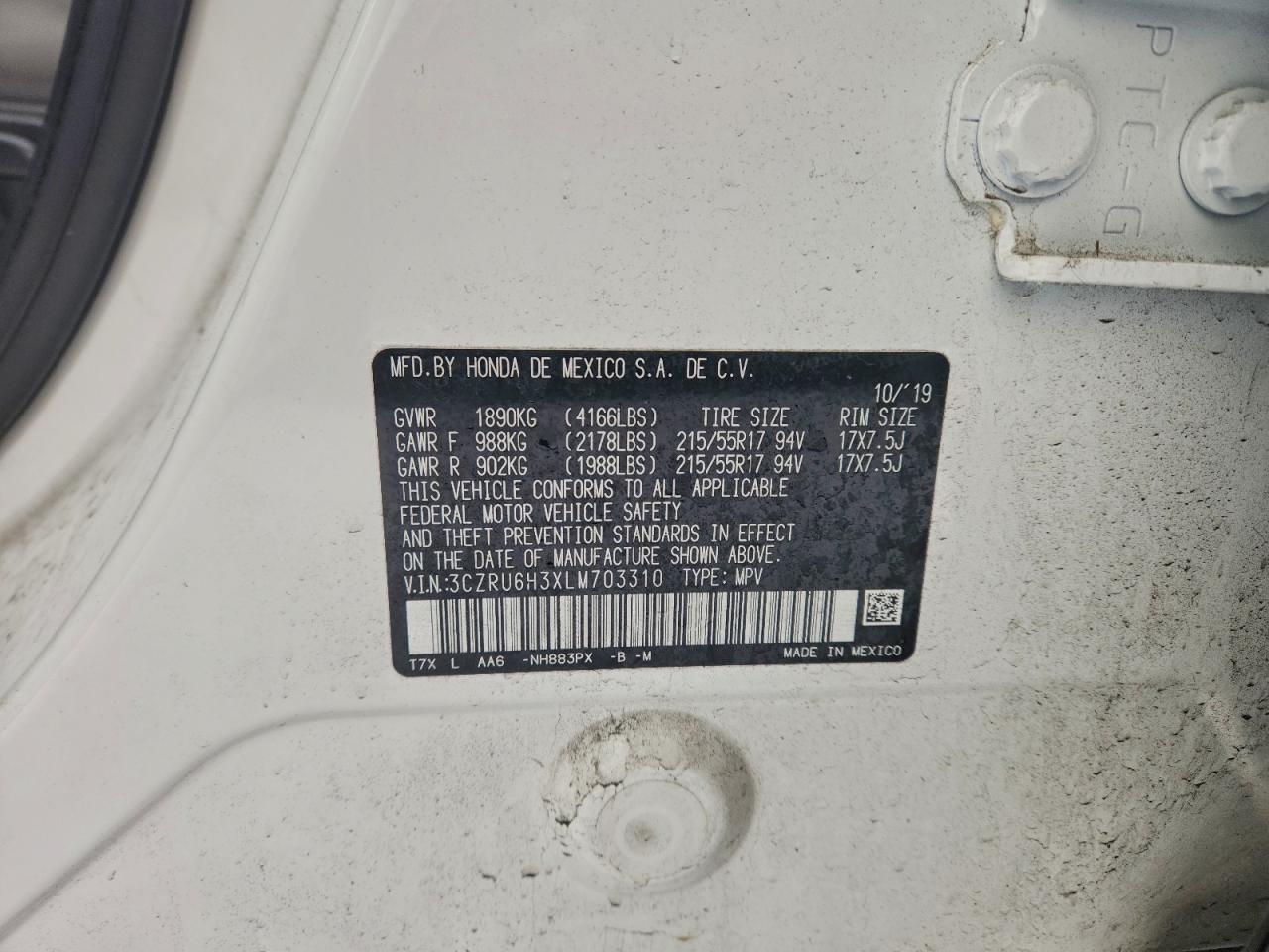 2020 Honda Hr-V Lx VIN: 3CZRU6H3XLM703310 Lot: 95985015