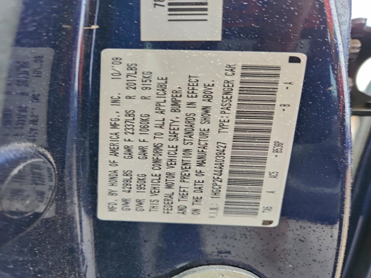 2010 Honda Accord Lxp VIN: 1HGCP2F44AA039427 Lot: 94338515