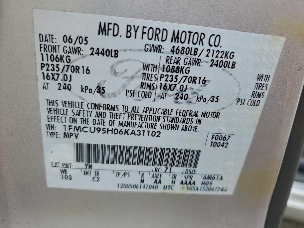 2006 Ford Escape Hev VIN: 1FMCU95H06KA31102 Lot: 96157245