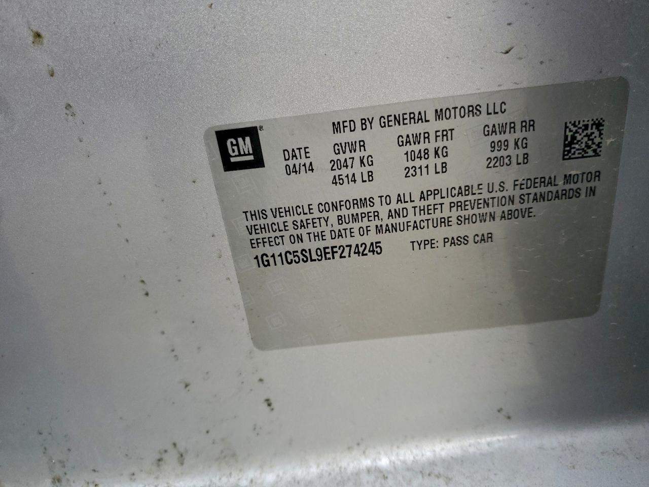 2014 Chevrolet Malibu 1Lt VIN: 1G11C5SL9EF274245 Lot: 94268825