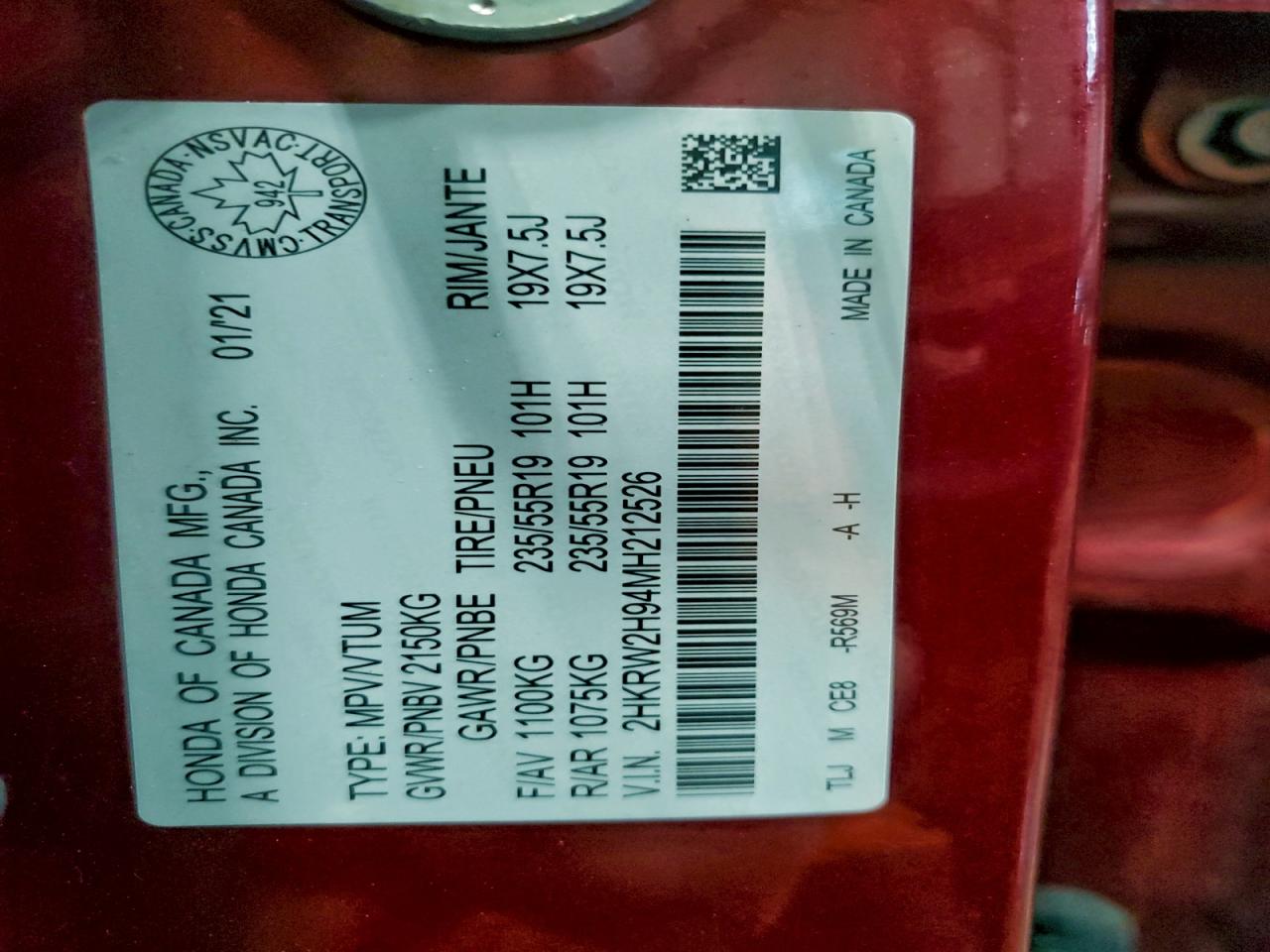 2021 Honda Cr-V Touring VIN: 2HKRW2H94MH212526 Lot: 95500135