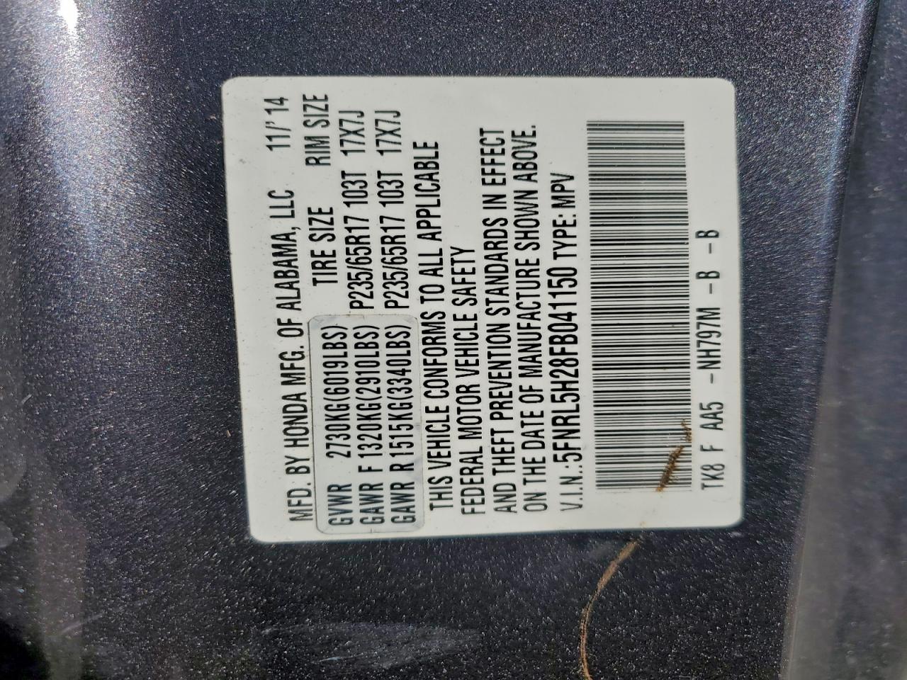 2015 Honda Odyssey Lx VIN: 5FNRL5H28FB041150 Lot: 96698745