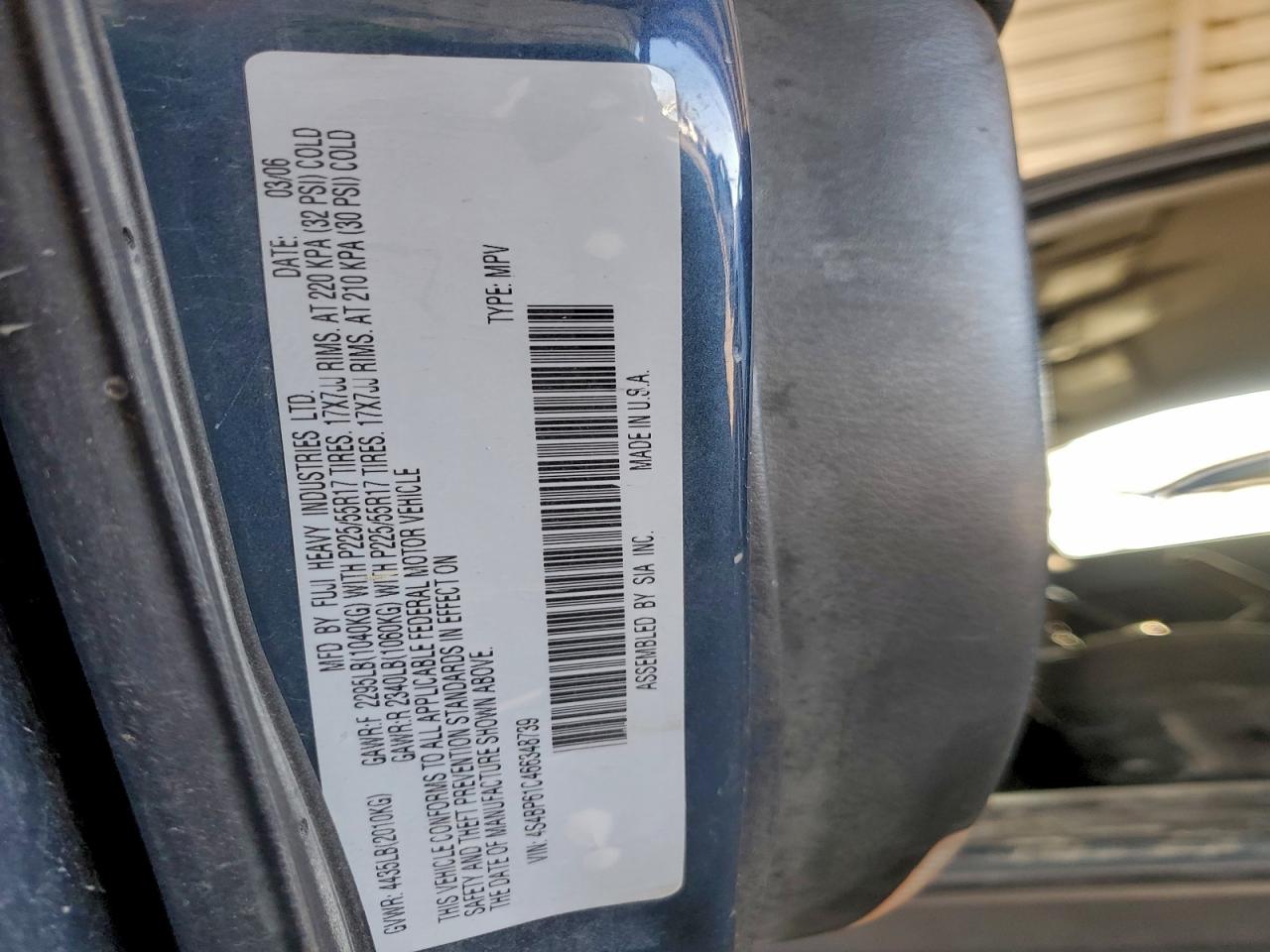 2006 Subaru Legacy Outback 2.5I VIN: 4S4BP61C466348739 Lot: 96916925