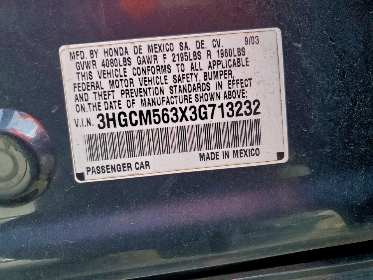 2003 Honda Accord Lx VIN: 3HGCM563X3G713232 Lot: 93441665