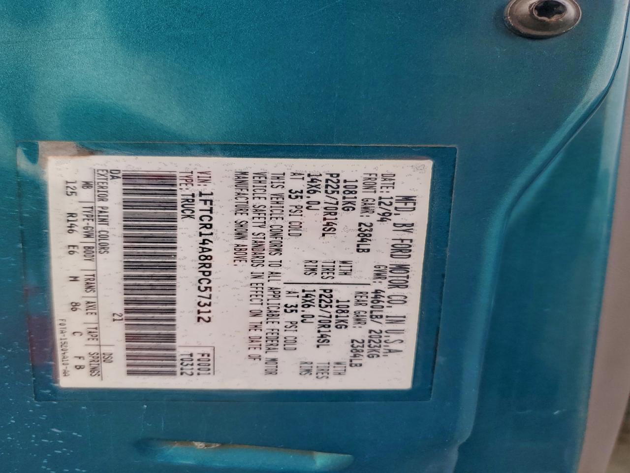 1994 Ford Ranger Super Cab VIN: 1FTCR14A8RPC57312 Lot: 94792355