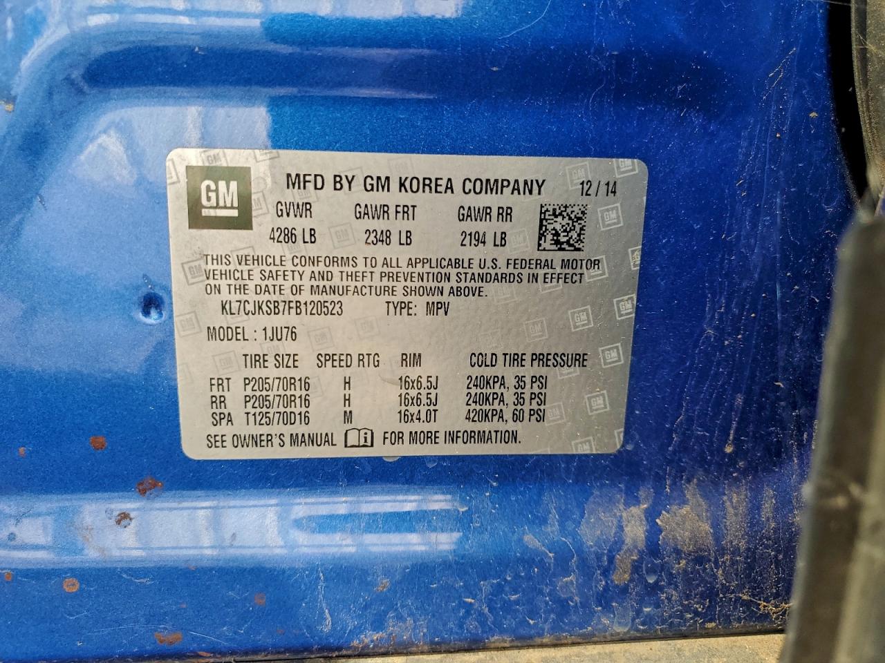 2015 Chevrolet Trax Ls VIN: KL7CJKSB7FB120523 Lot: 95320675