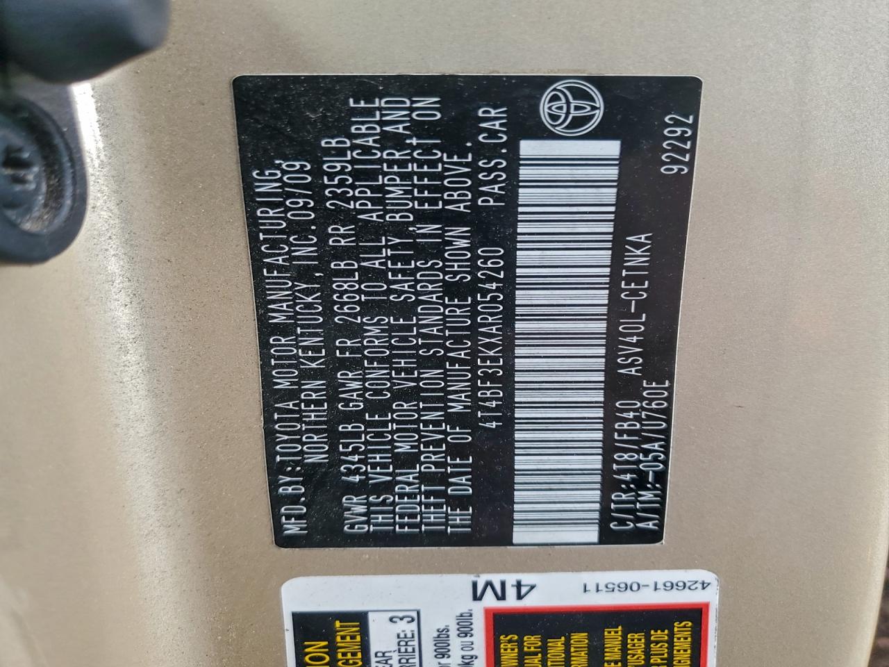 2010 Toyota Camry Base VIN: 4T4BF3EKXAR054260 Lot: 96478305