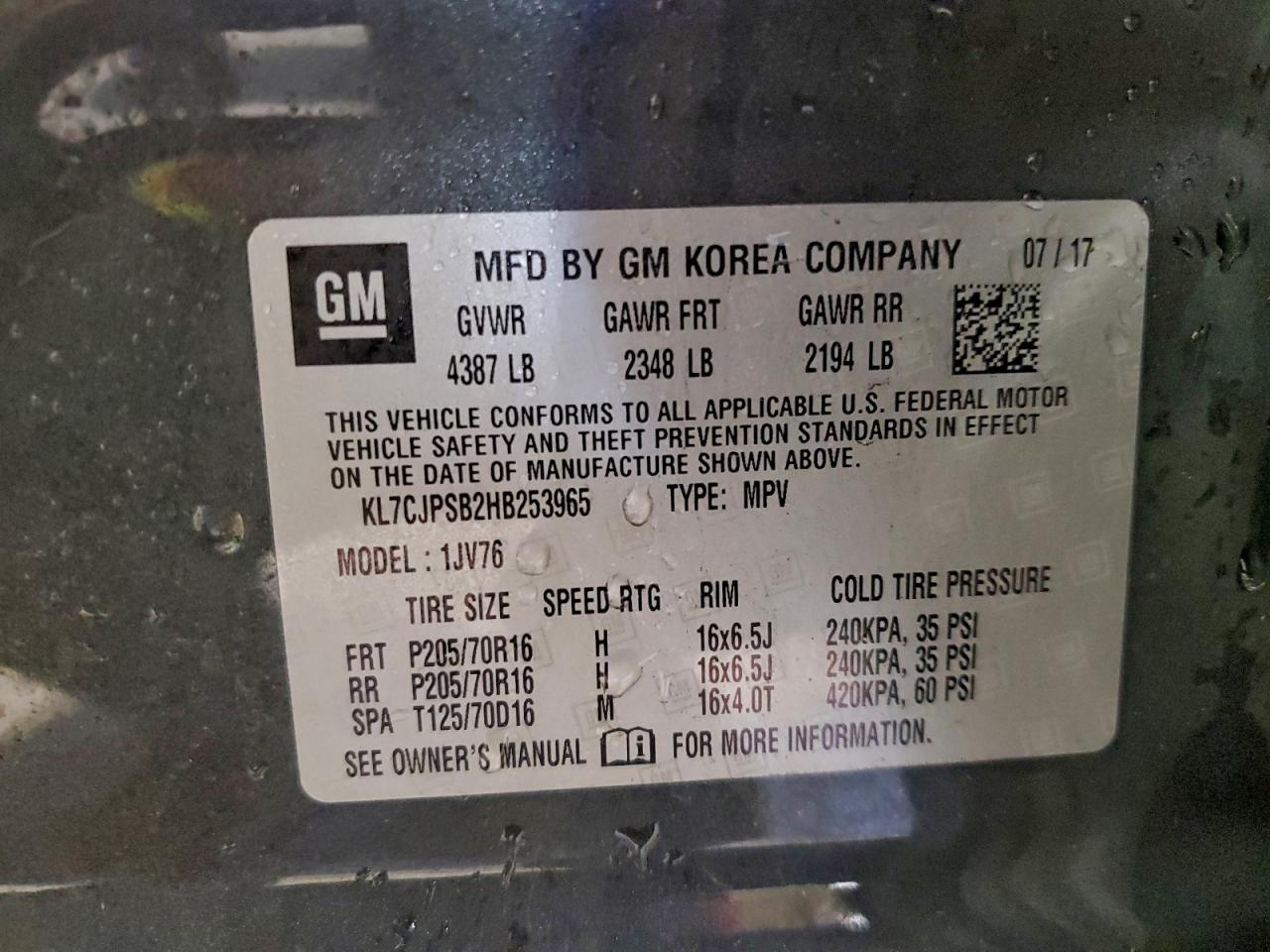 2017 Chevrolet Trax 1Lt VIN: KL7CJPSB2HB253965 Lot: 96711325