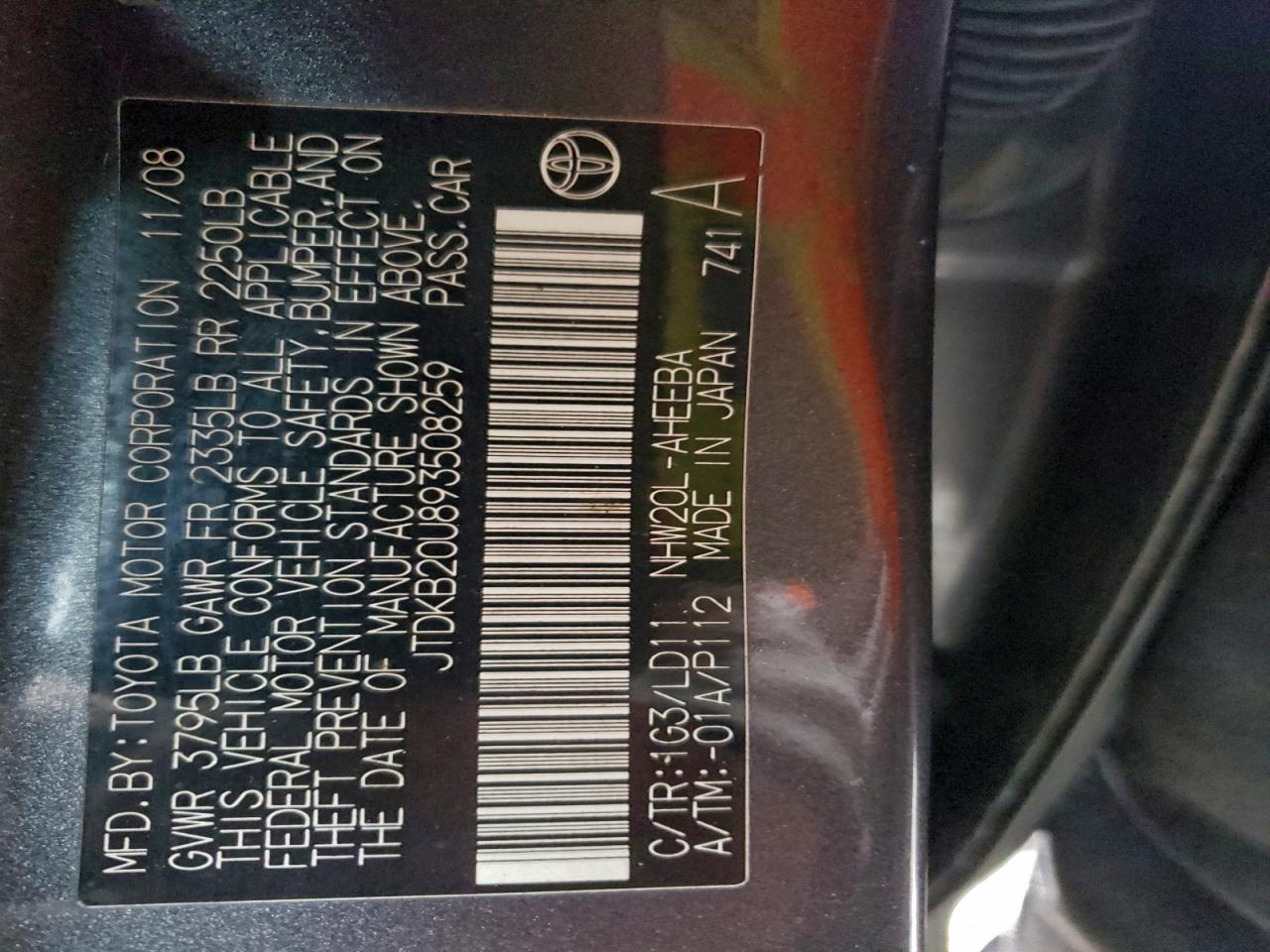 2009 Toyota Prius VIN: JTDKB20U893508259 Lot: 96006925