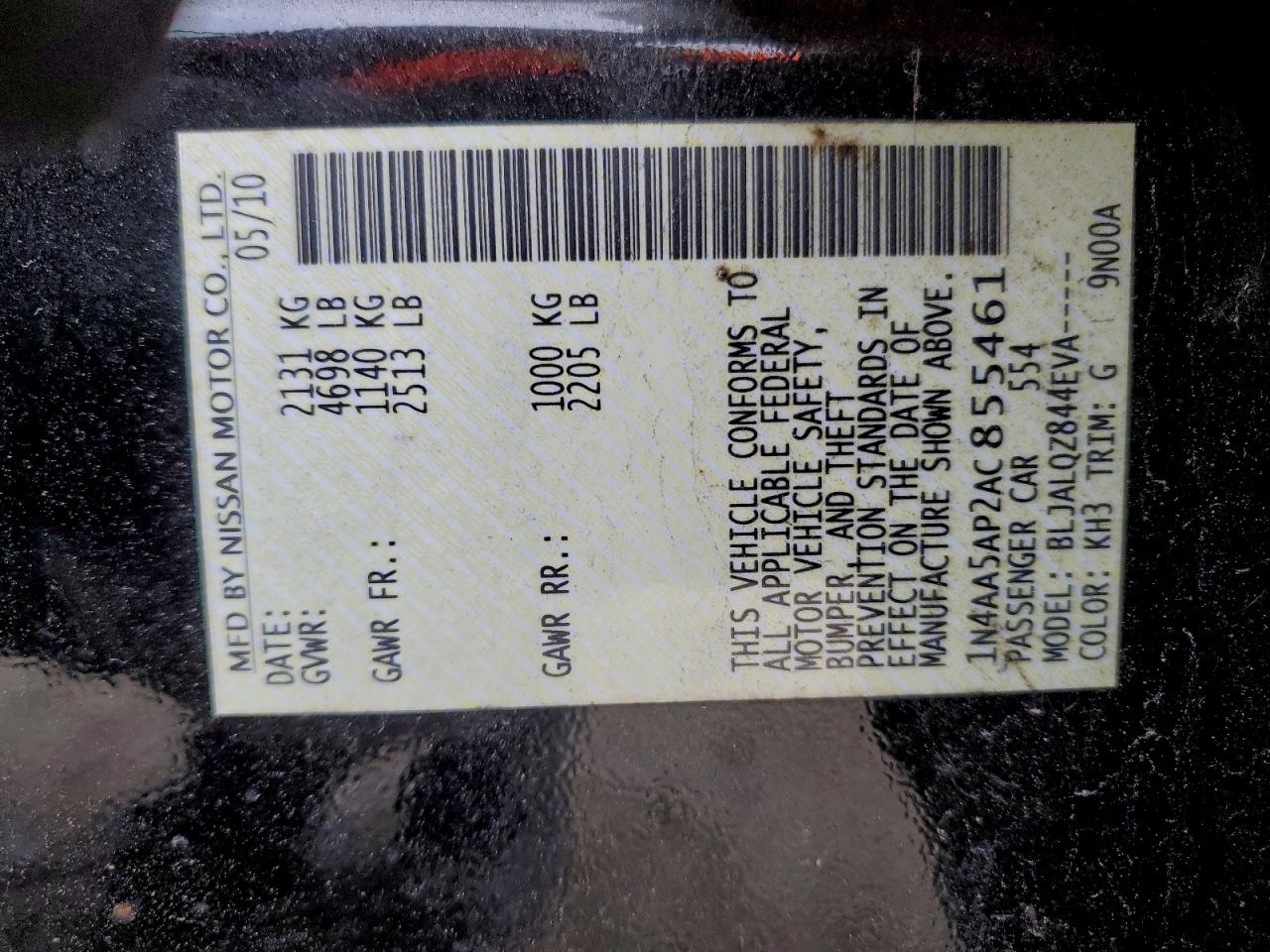 2010 Nissan Maxima S VIN: 1N4AA5AP2AC855461 Lot: 96336545