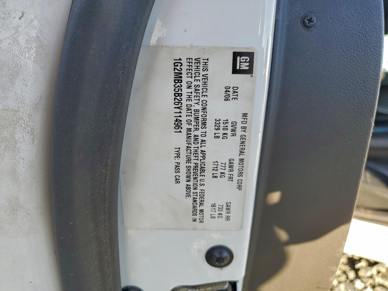 2006 Pontiac Solstice VIN: 1G2MB35B26Y114961 Lot: 94808725