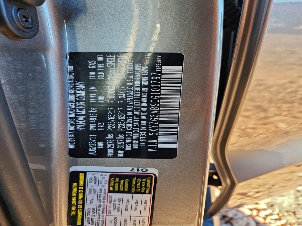 2012 Hyundai Santa Fe Gls VIN: 5XYZG3AB9CG101797 Lot: 94826405