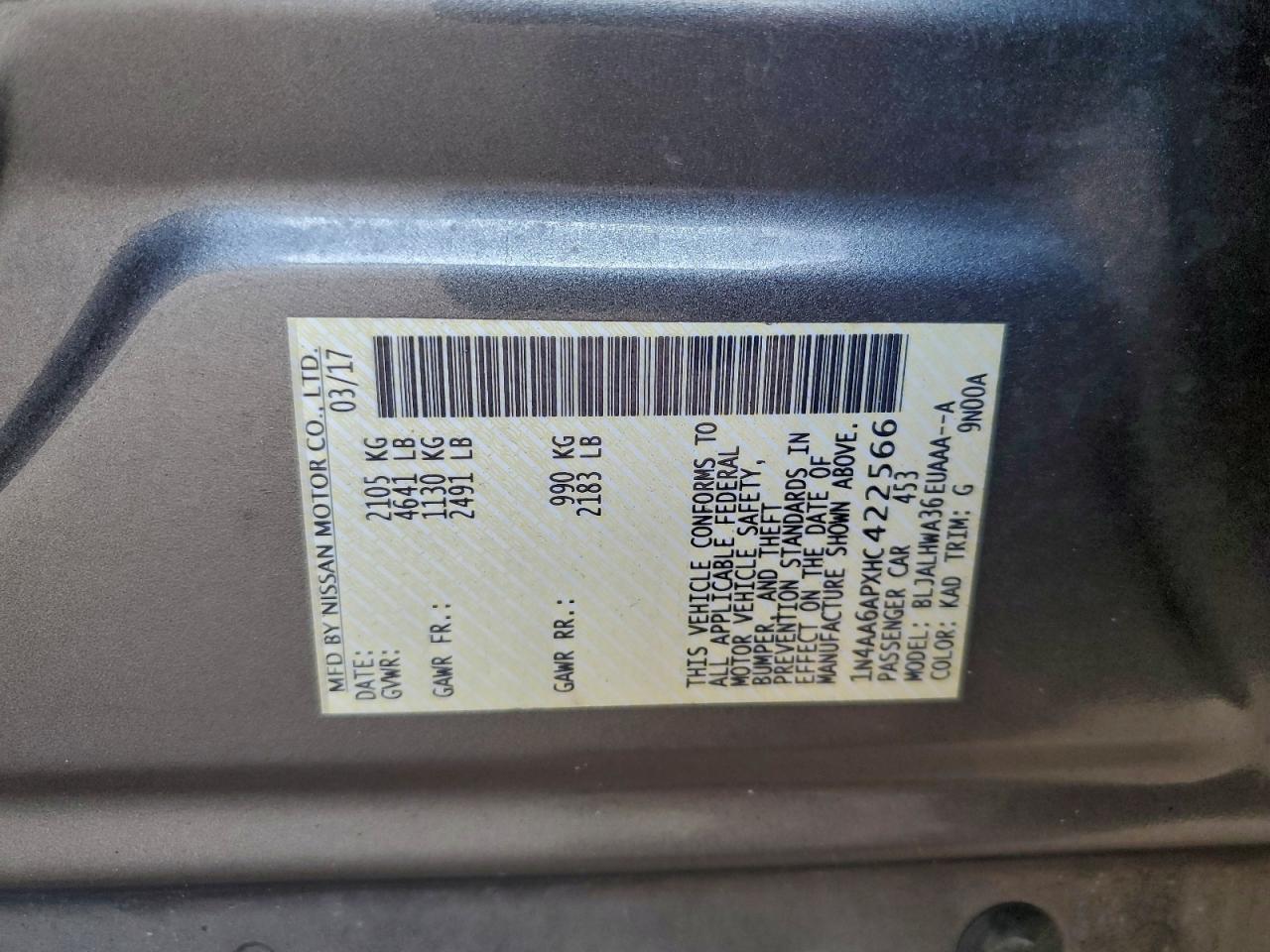 2017 Nissan Maxima 3.5S VIN: 1N4AA6APXHC422566 Lot: 94907925