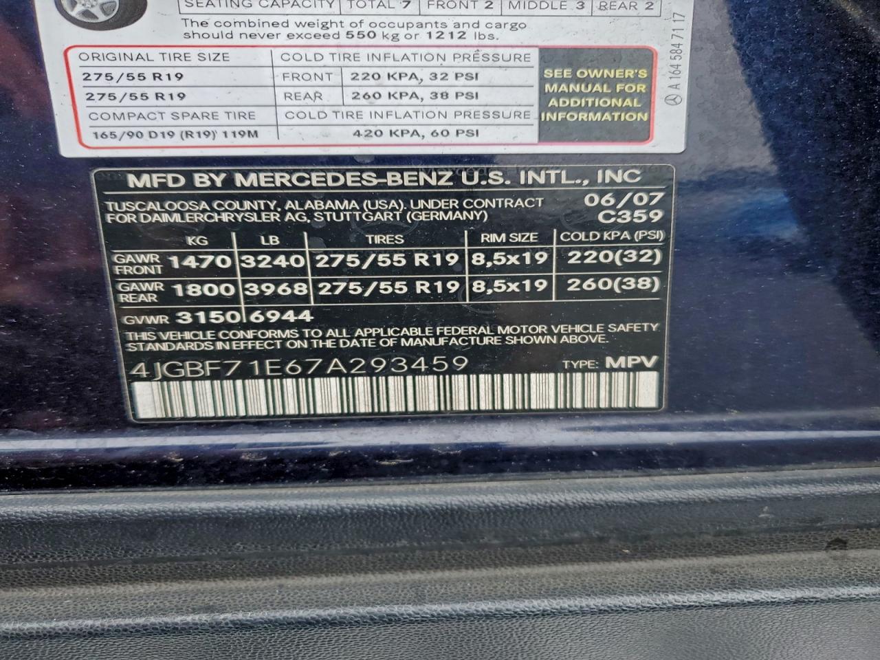 2007 Mercedes-Benz Gl 450 4Matic VIN: 4JGBF71E67A293459 Lot: 96211785