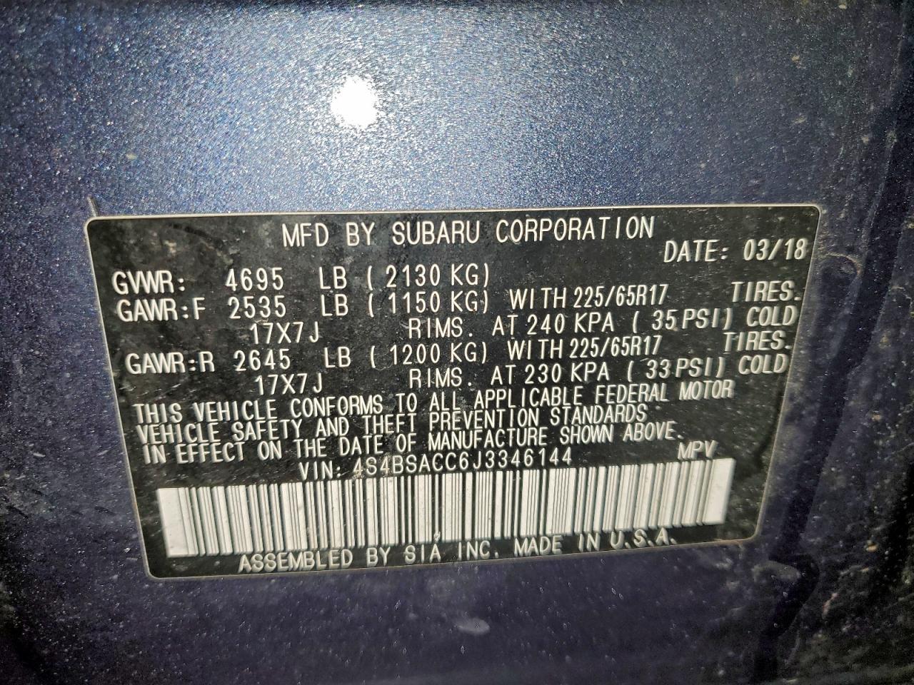 2018 Subaru Outback 2.5I Premium VIN: 4S4BSACC6J3346144 Lot: 94968645