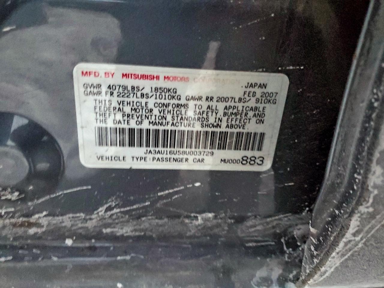 2008 Mitsubishi Lancer De VIN: JA3AU16U58U003729 Lot: 94649335