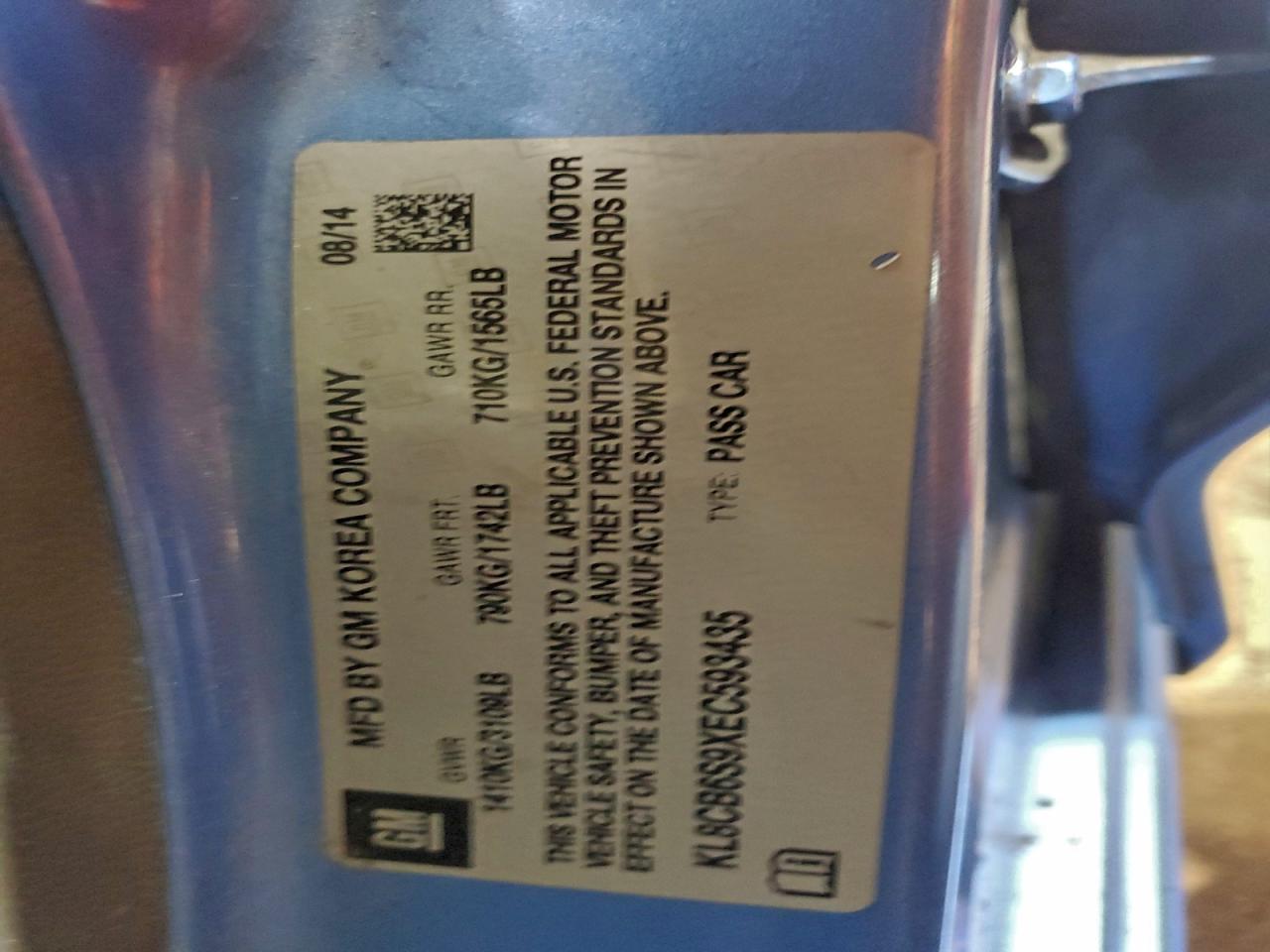 2014 Chevrolet Spark Ls VIN: KL8CB6S9XEC593435 Lot: 95487085