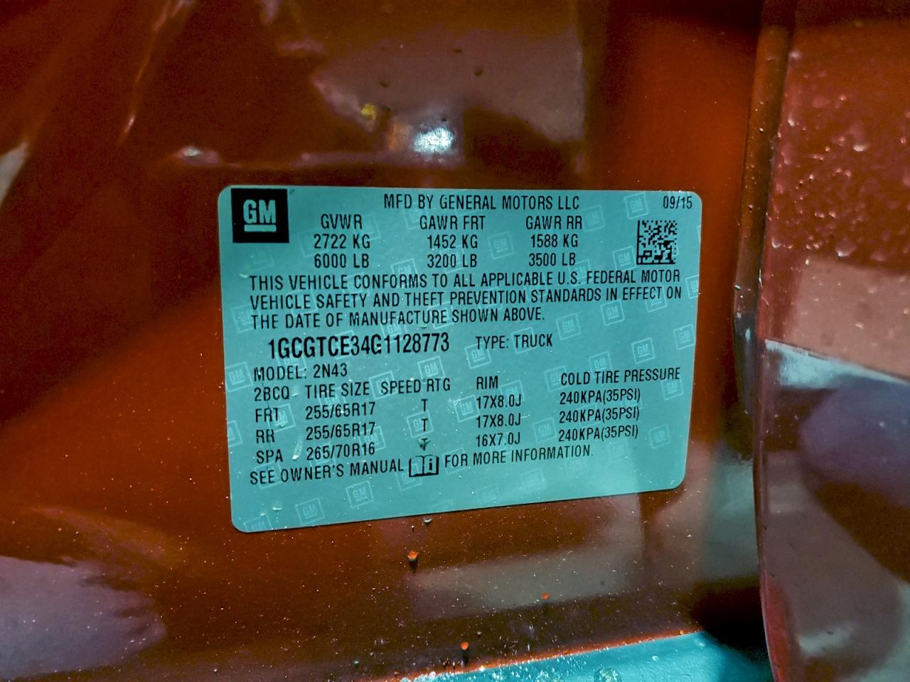 2016 Chevrolet Colorado Lt VIN: 1GCGTCE34G1128773 Lot: 94785795