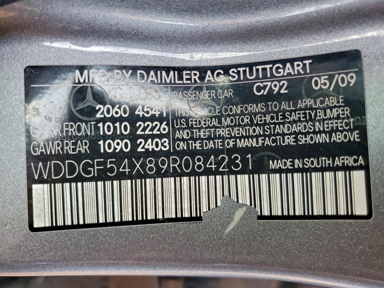 2009 Mercedes-Benz C 300 VIN: WDDGF54X89R084231 Lot: 95295085