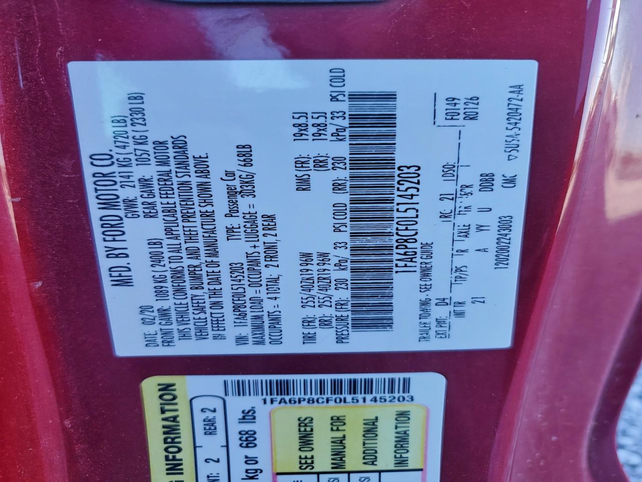 2020 Ford Mustang Gt VIN: 1FA6P8CF0L5145203 Lot: 97271255