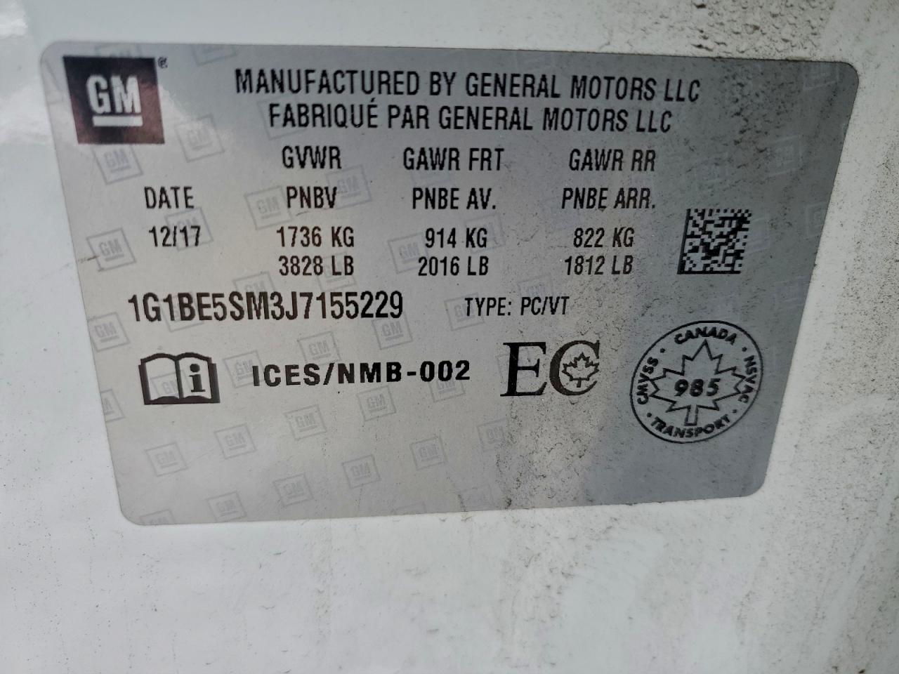 2018 Chevrolet Cruze Lt VIN: 1G1BE5SM3J7155229 Lot: 94719445