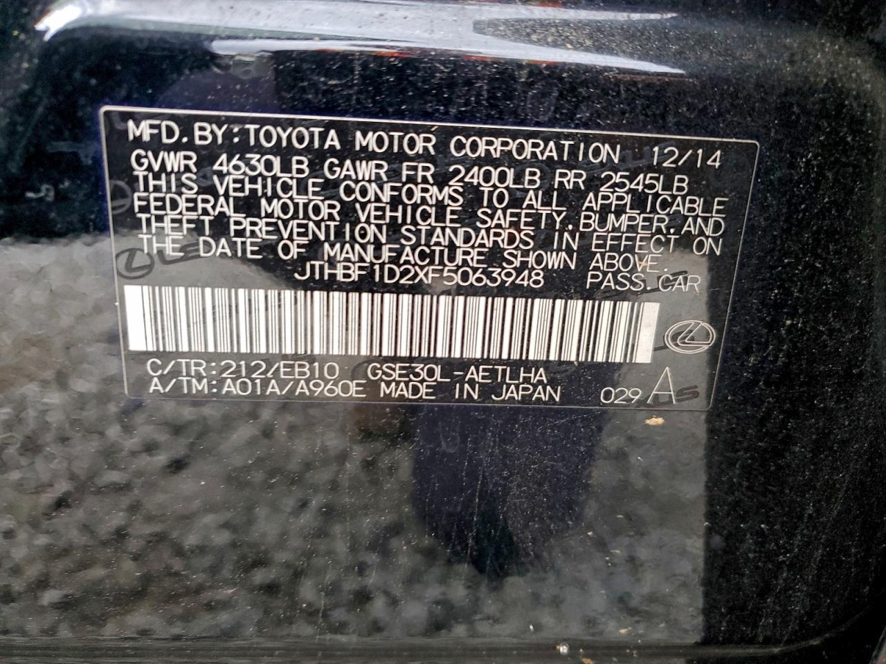 2015 Lexus Is 250 VIN: JTHBF1D2XF5063948 Lot: 95700865