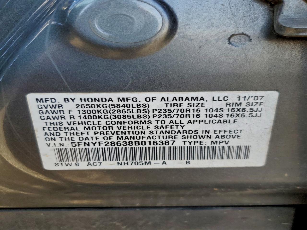 2008 Honda Pilot Exl VIN: 5FNYF28638B016387 Lot: 94469895