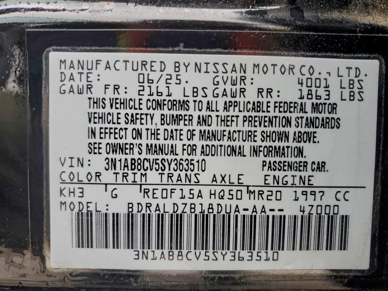 2025 Nissan Sentra Sv VIN: 3N1AB8CV5SY363510 Lot: 95873405