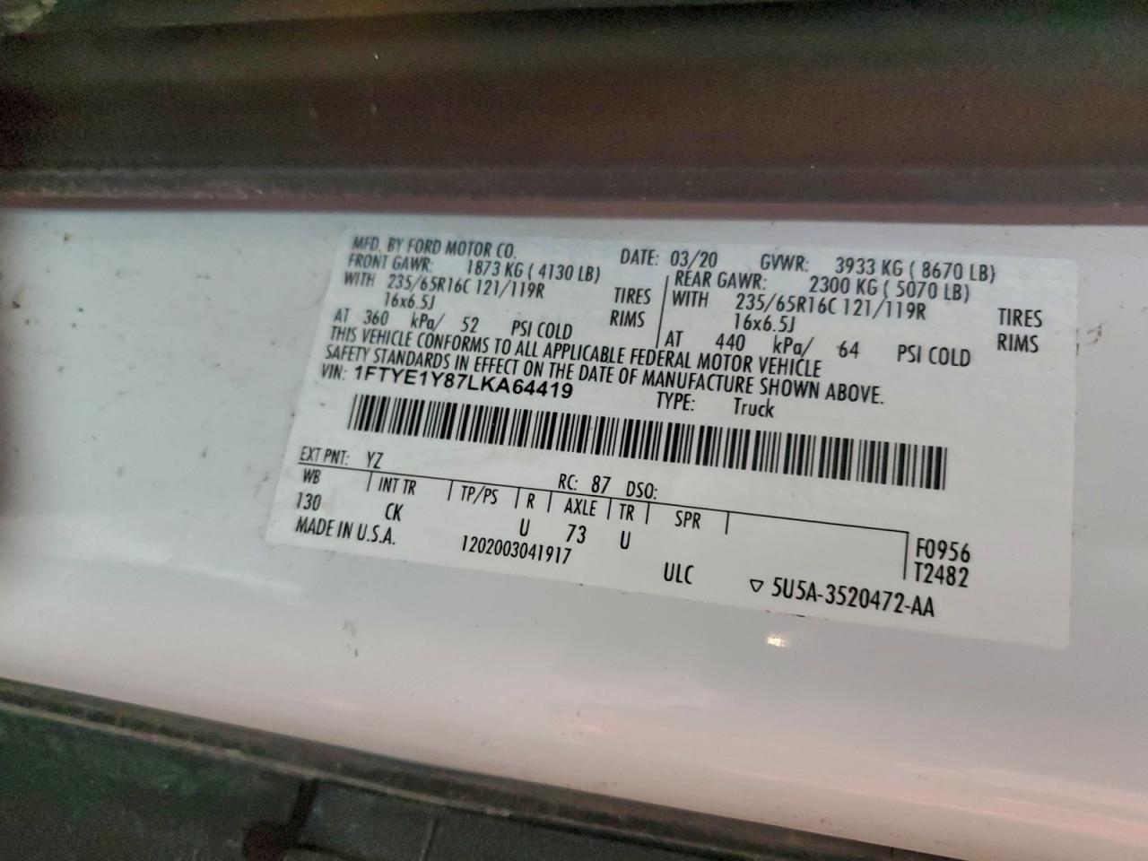 2020 Ford Transit 150 Delivery Van VIN: 1FTYE1Y87LKA64419 Lot: 94729225